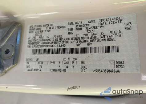 2016 Ford Escape Se z USA, uszkodzony, nr VIN 1FMCU9G90GUC63243